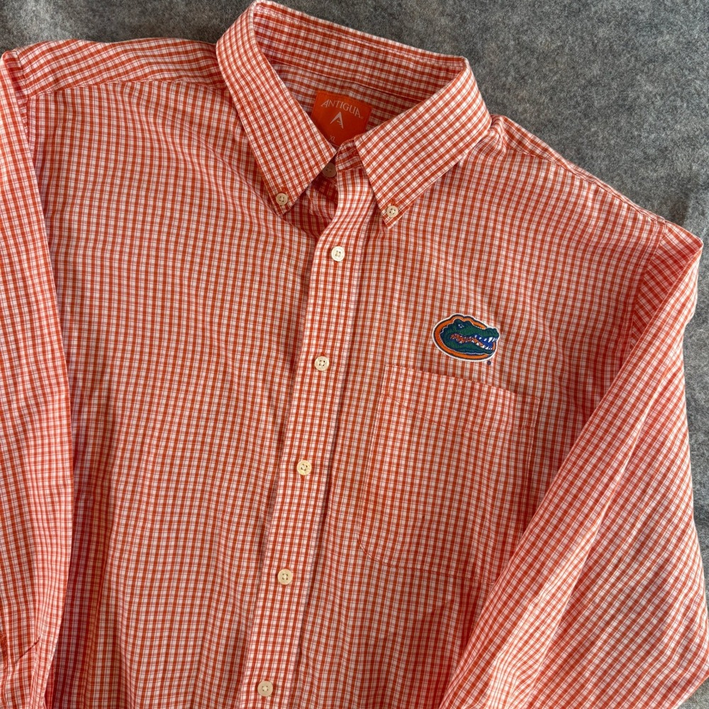 Antigua Button Down Shirt Mens XL Orange Gingham Florida Gators Logo Long Sleeve